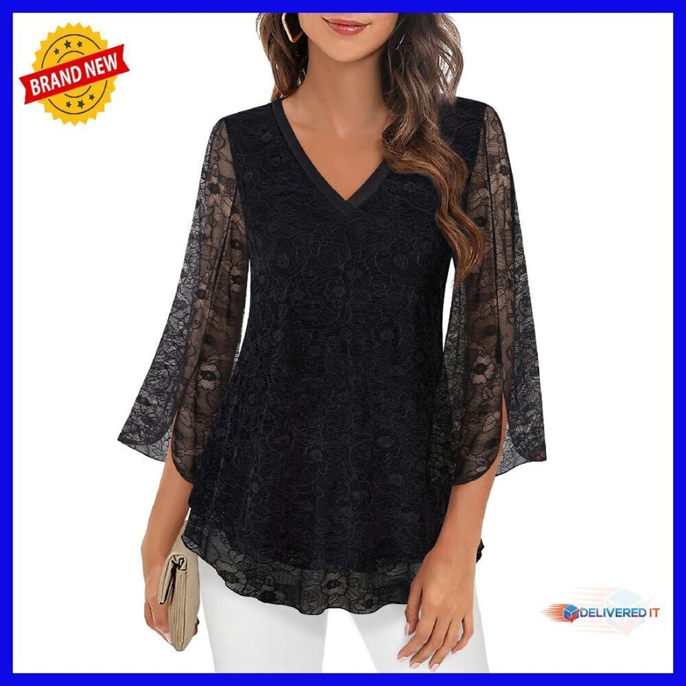 Women's 3/4 Sleeve Floral Blouse Double Layer V-Neck Tunic Top